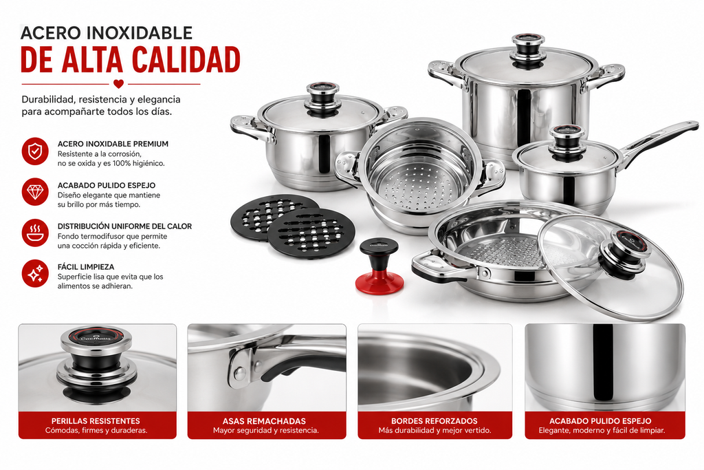 Batería de Cocina Suiza de Acero Inoxidable 16 Piezas