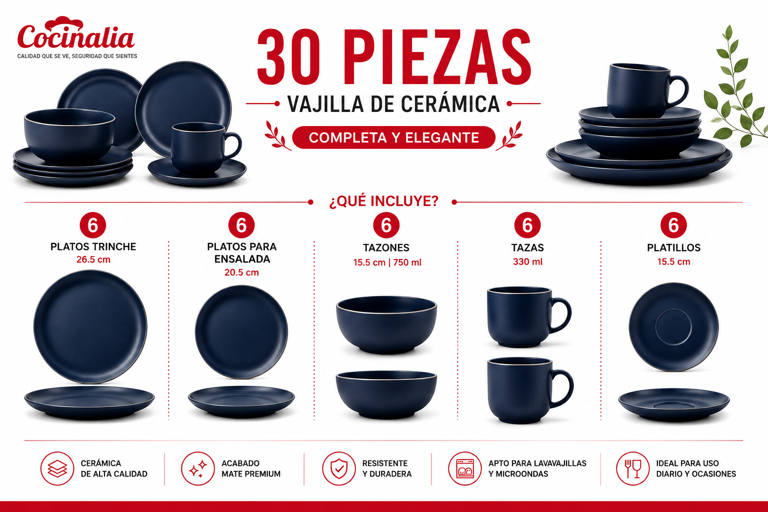 Vajilla de Cerámica Azul Mate 30 Pzs