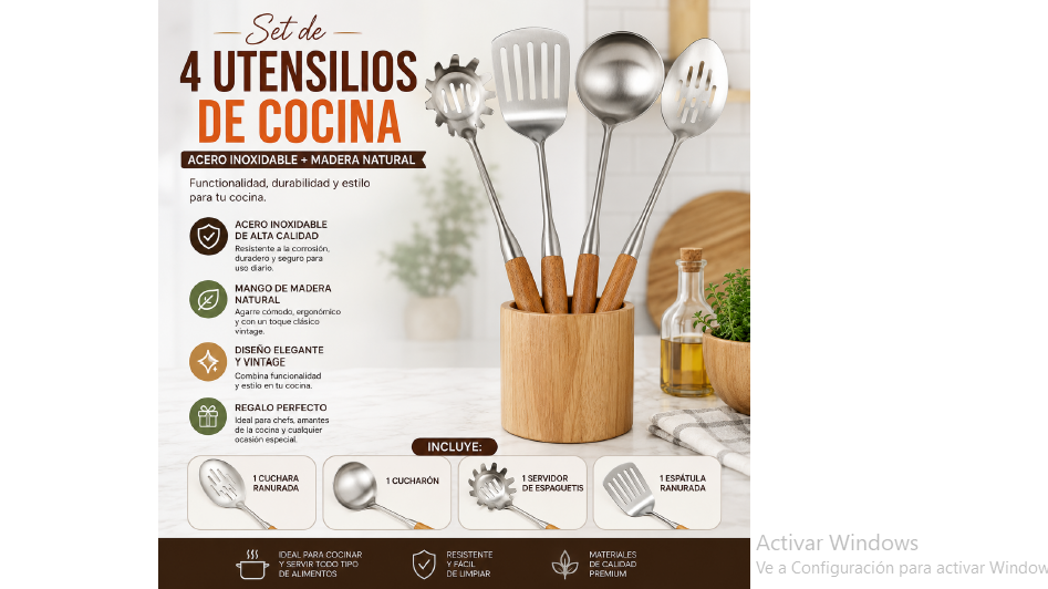 JGO 4 UTENSILIOS MANGO DE MADERA