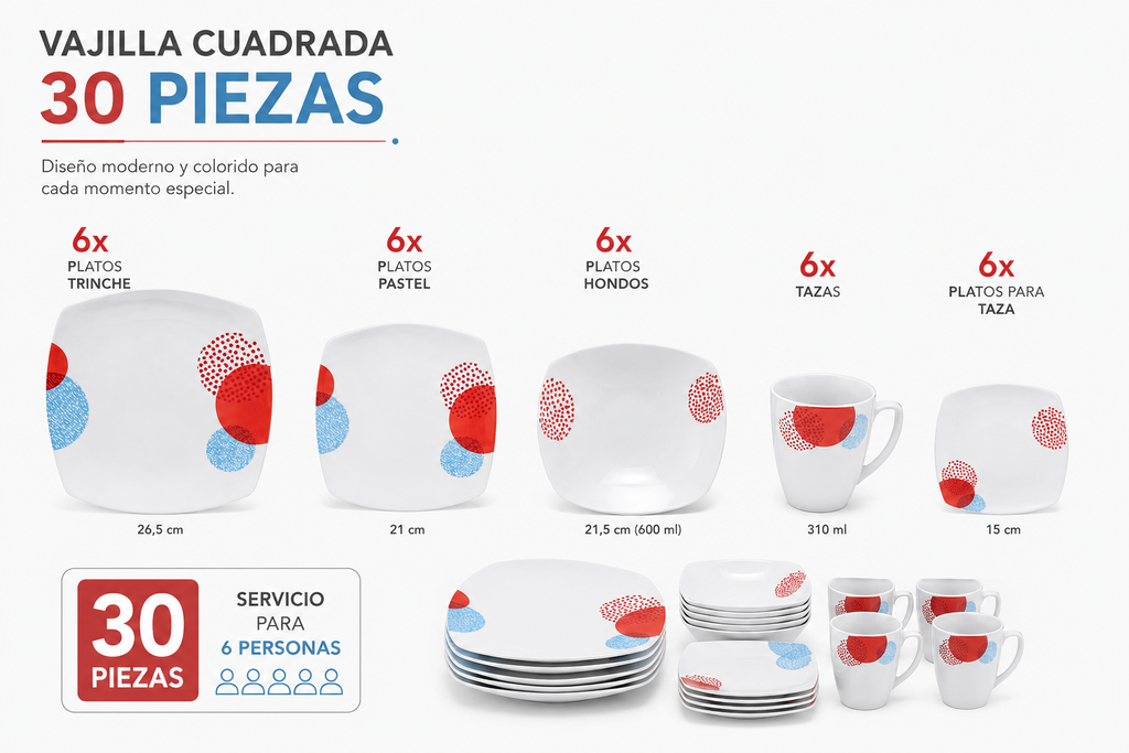 Vajilla de Cerámica Cuadrada 30 Pzs