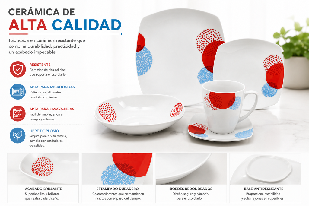 Vajilla de Cerámica Cuadrada 30 Pzs