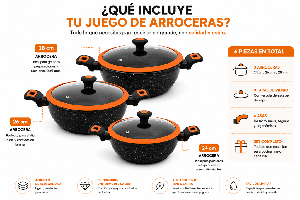 Jgo de Arroceras Aluminio 6 pzs 24,26 y 28