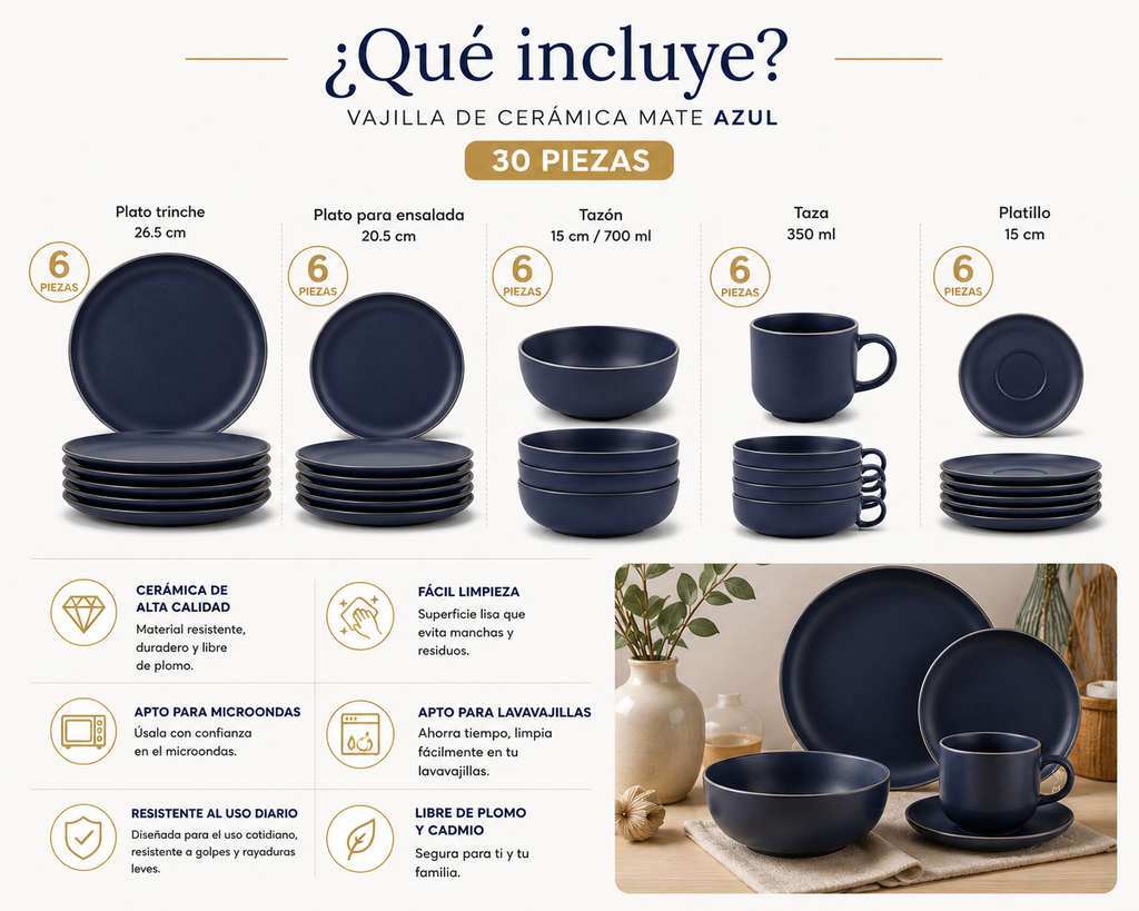 Vajilla de Cerámica Azul Mate 30 Pzs
